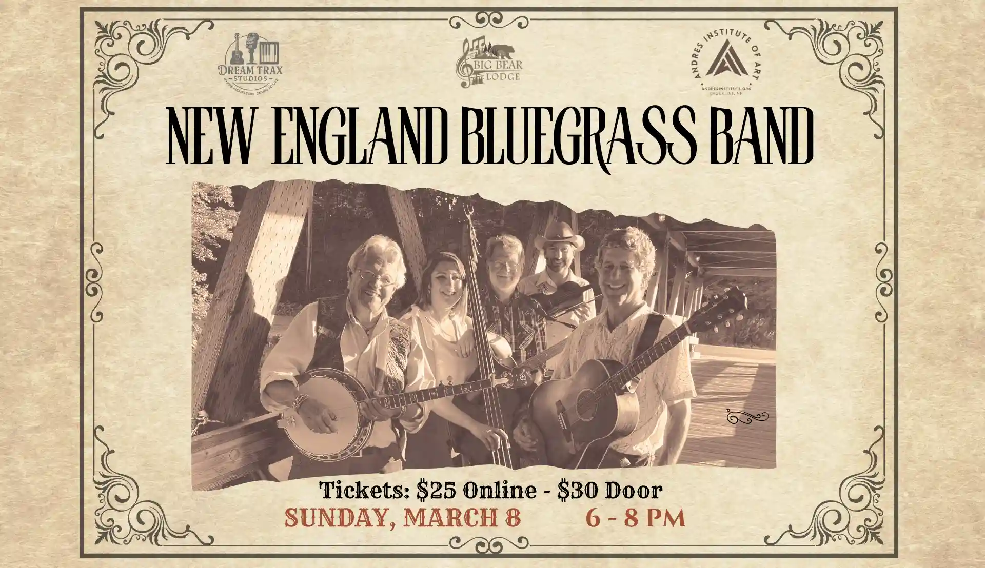 New England Bluegrass Band at Big Bear Lodge, Andres Institute of Art March 8 2026 6pm