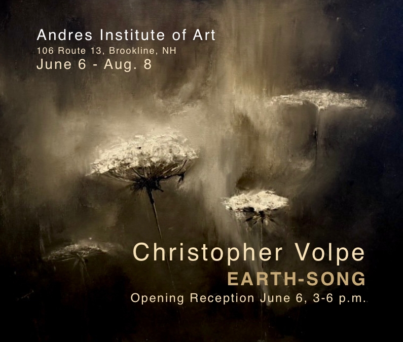 Gallery at Andres Institute of Art show with Chris Volpe, shown is painting of ethereal Queen Anne's lace against black background Title Earth Song